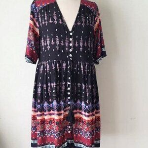 Boho Black Multi Color Floral Print Rayon Dress Button Front Accent Tassel Co